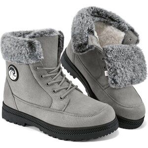 Women’s Grey Warm Fur Lined Ankle Booties Lace Up Slip-On Outdoor Boots